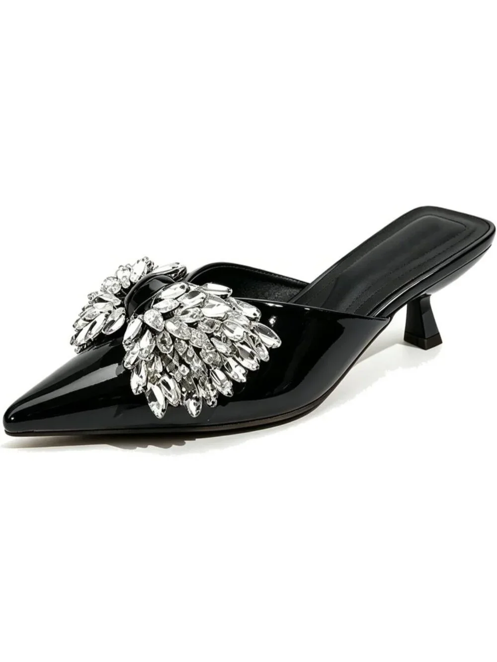 Women's Black Rhinestone Bow Kitten Heel Pointed Toe Low Heel Slide Sandals
